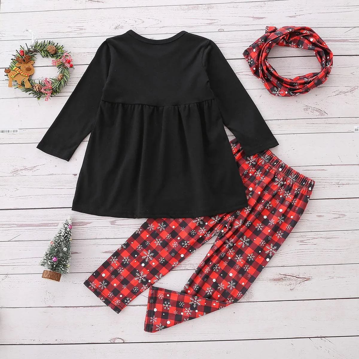 2022 Toddler Girls Christmas Embroidered Top Plaid Pants Set