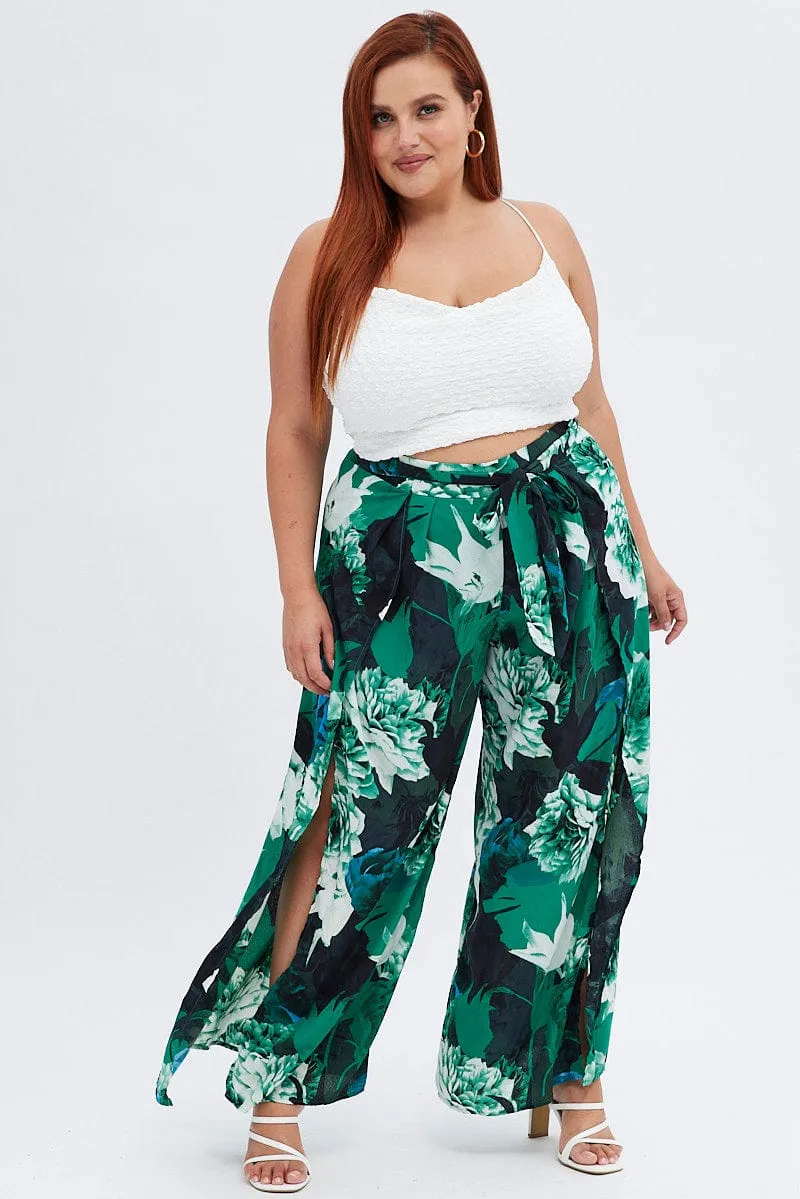 Abstract Print Wide Leg Pants High Rise Front Split