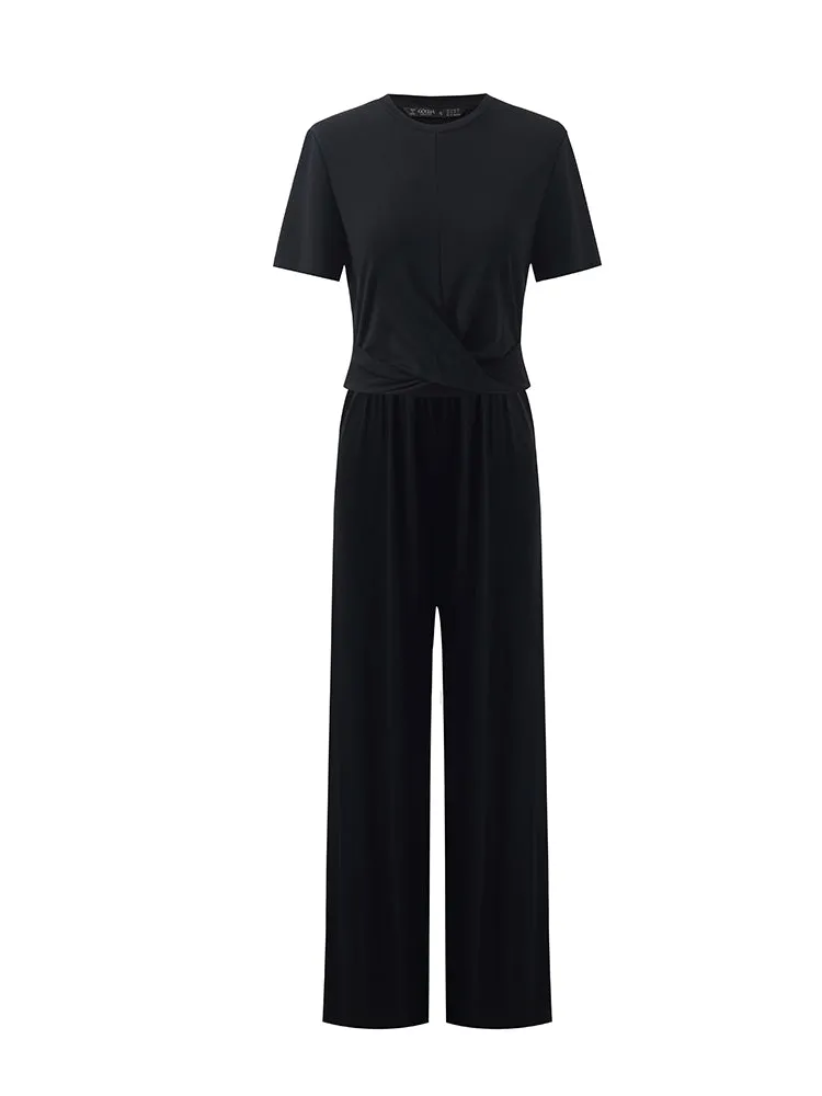 Acetate Crop T-shirt And Straight Pants Two-Piece Set