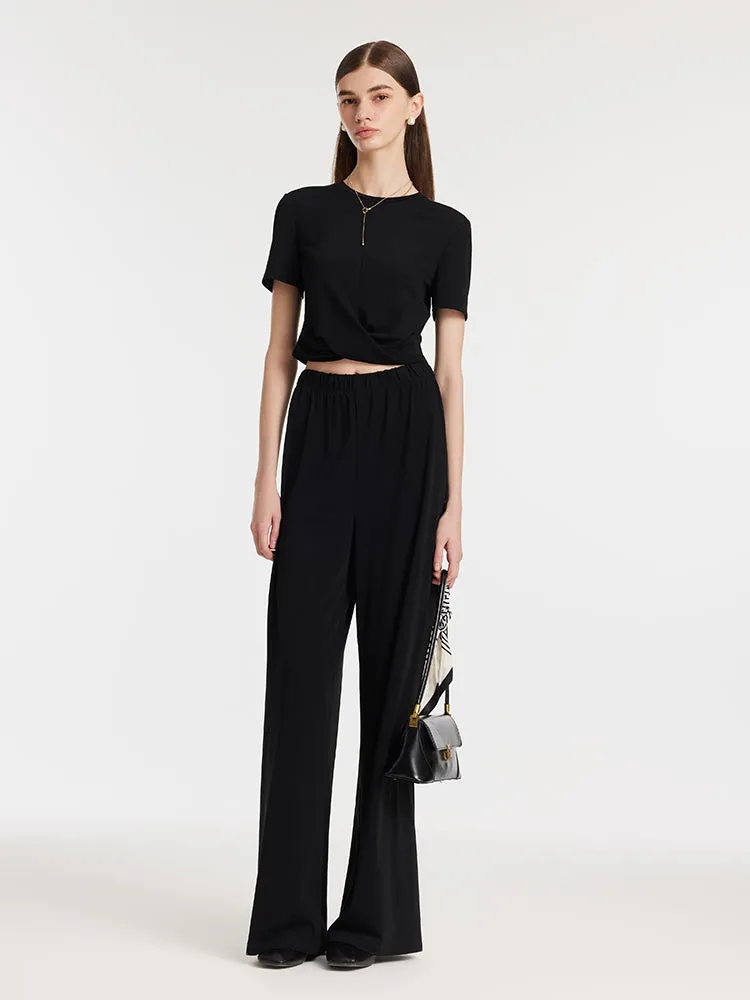 Acetate Crop T-shirt And Straight Pants Two-Piece Set