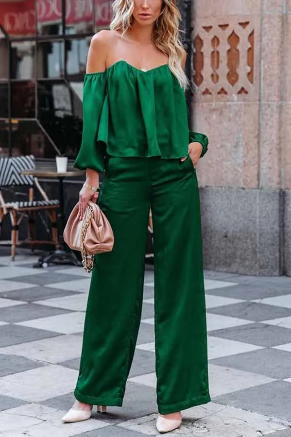 Adele Satin Off Shoulder Blouse & Wide Leg Pants Suit