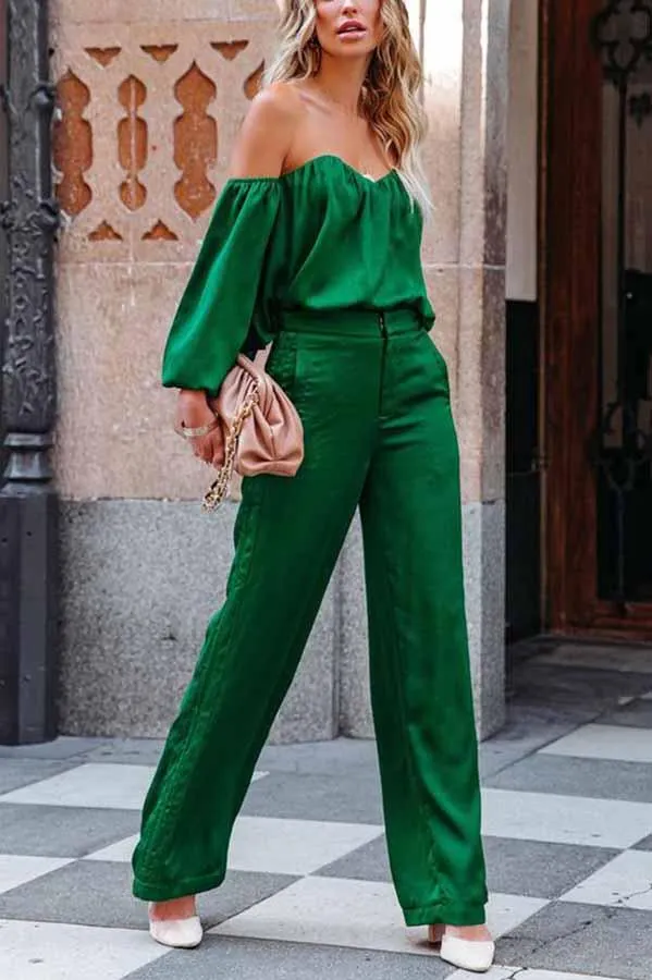 Adele Satin Off Shoulder Blouse & Wide Leg Pants Suit