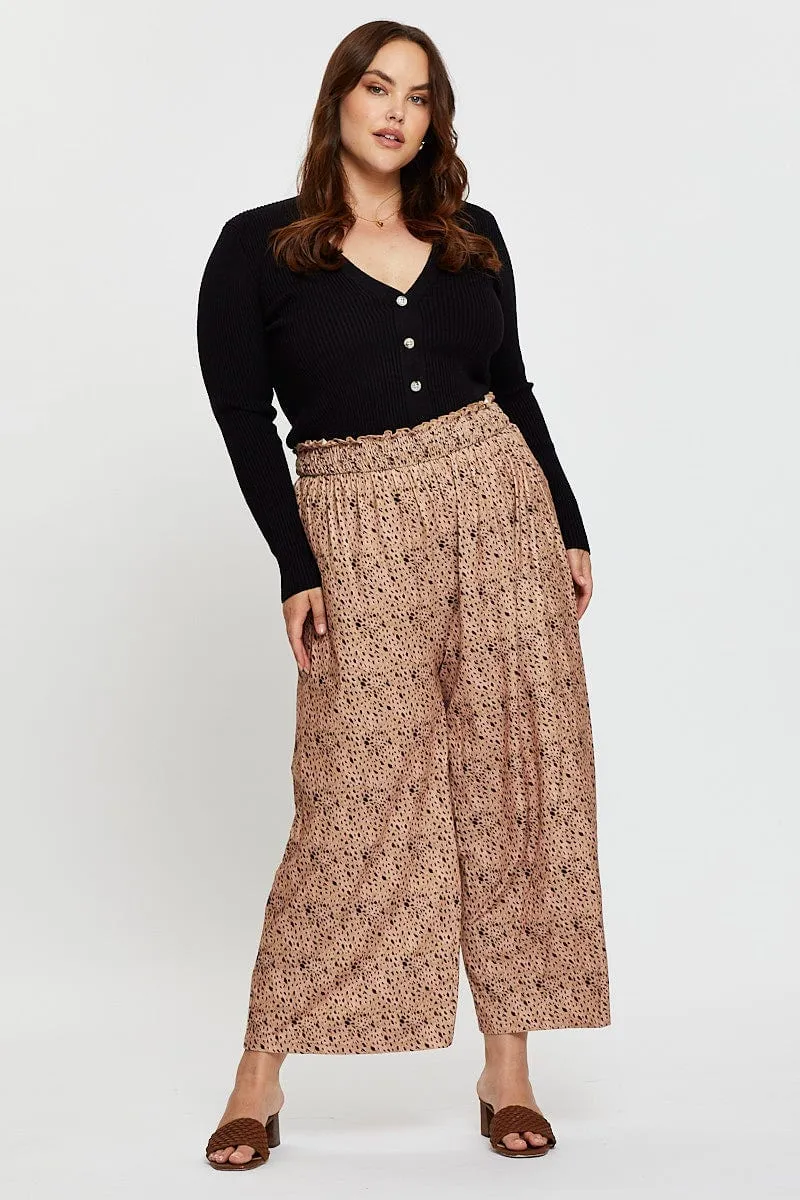 Animal Print Wide Leg Pants High Rise Shirred Waist