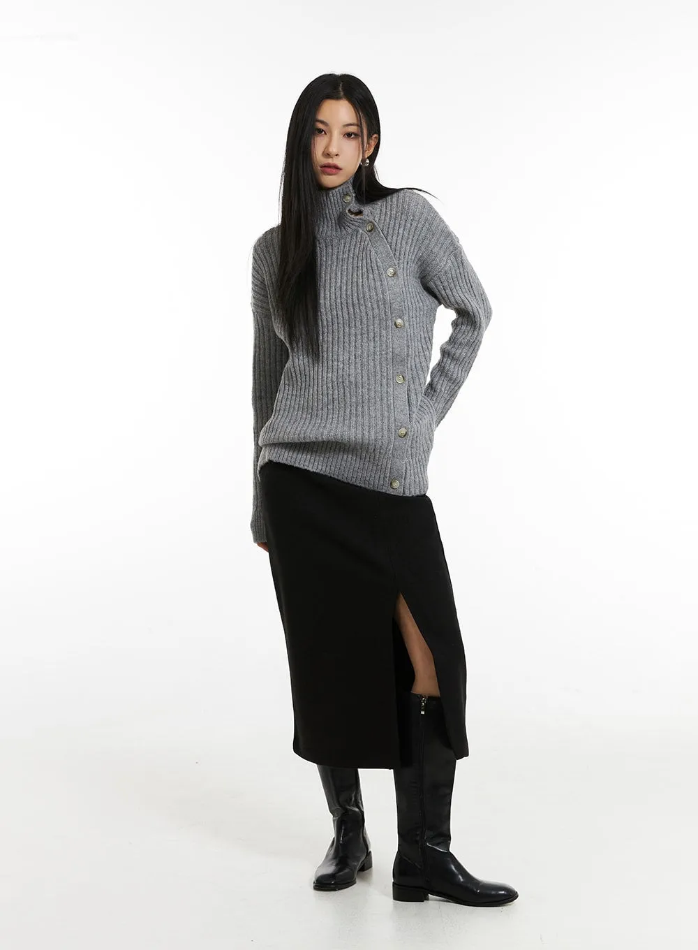 Asymmetric Button Knit Sweater IN308