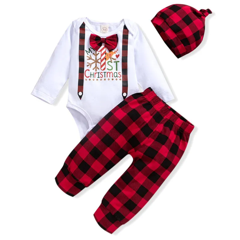 Baby Boys Solid Christmas Print Bodysuit Plaid Pants Hat Tie Set