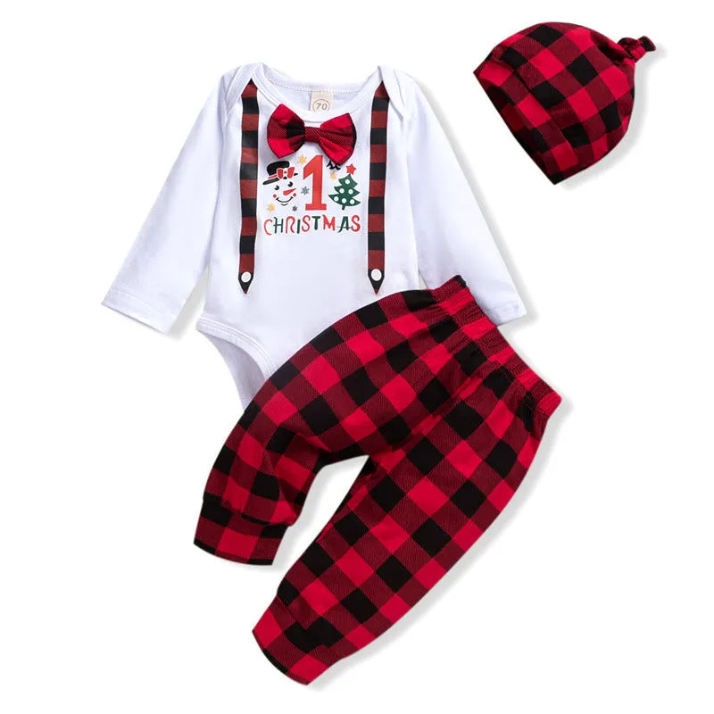 Baby Boys Solid Christmas Print Bodysuit Plaid Pants Hat Tie Set