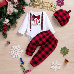 Baby Boys Solid Christmas Print Bodysuit Plaid Pants Hat Tie Set