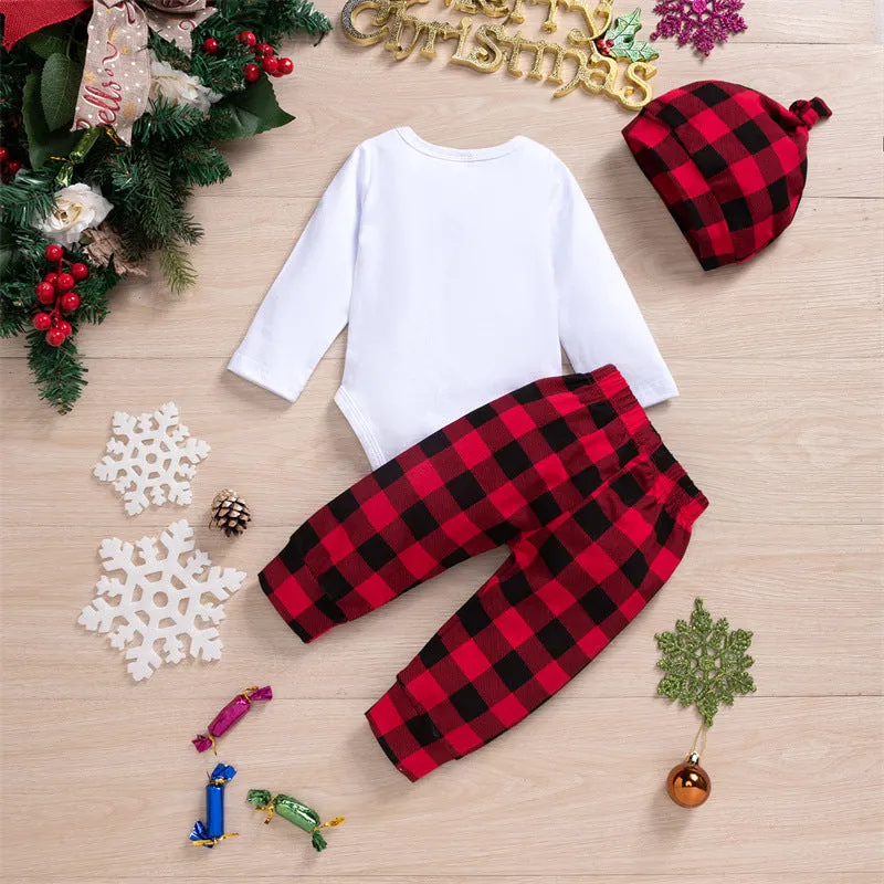 Baby Boys Solid Christmas Print Bodysuit Plaid Pants Hat Tie Set