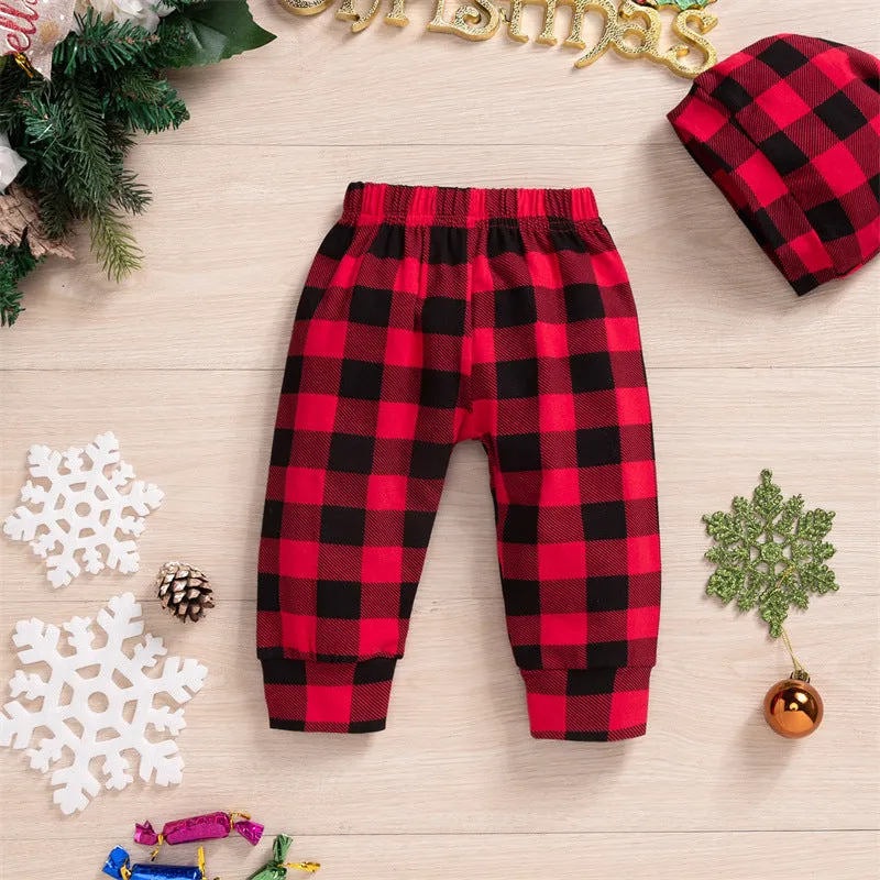 Baby Boys Solid Christmas Print Bodysuit Plaid Pants Hat Tie Set