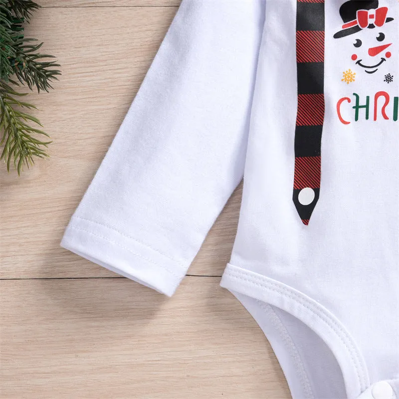 Baby Boys Solid Christmas Print Bodysuit Plaid Pants Hat Tie Set