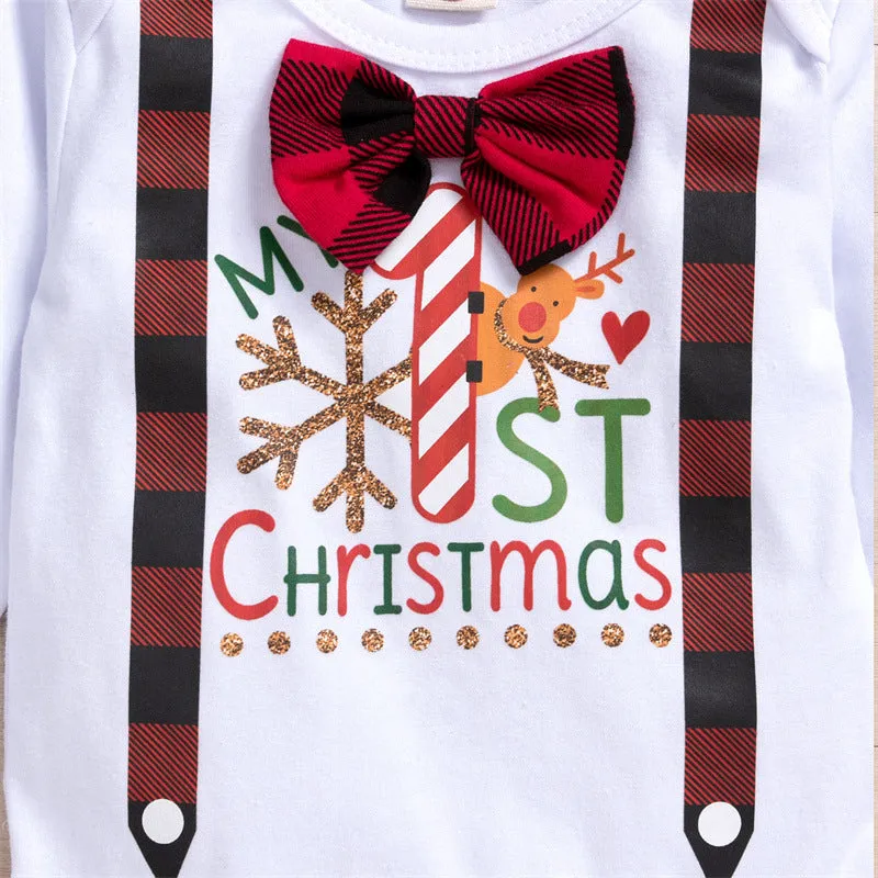 Baby Boys Solid Christmas Print Bodysuit Plaid Pants Hat Tie Set