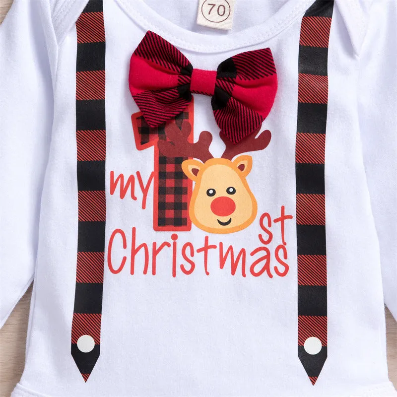 Baby Boys Solid Christmas Print Bodysuit Plaid Pants Hat Tie Set