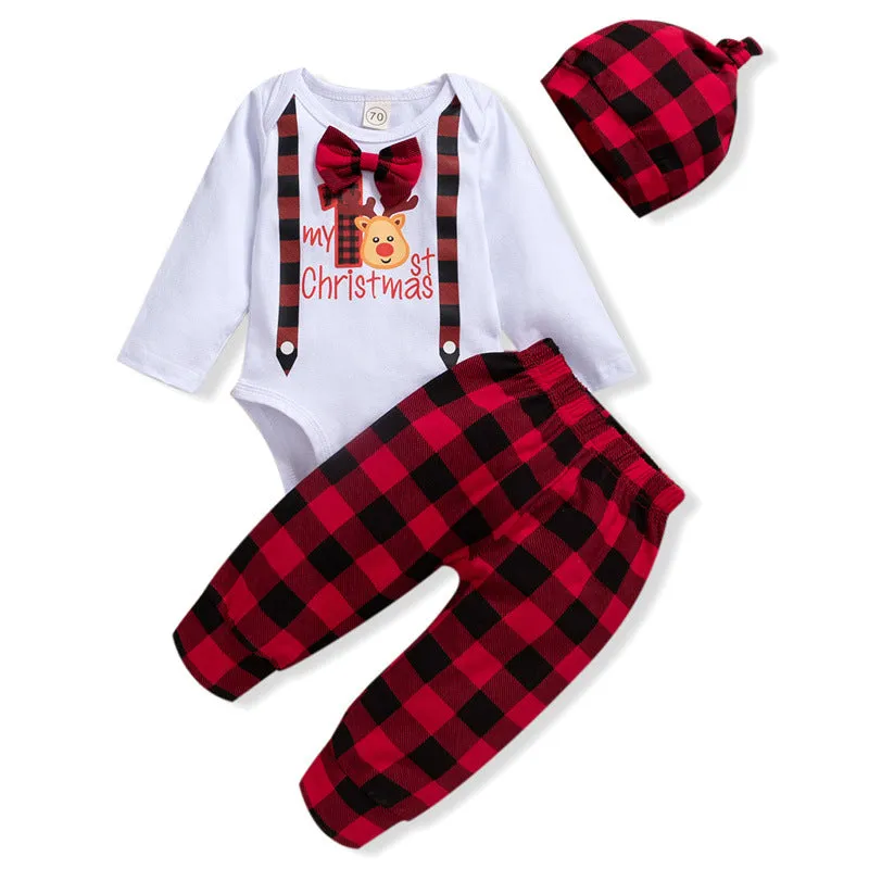 Baby Boys Solid Christmas Print Bodysuit Plaid Pants Hat Tie Set