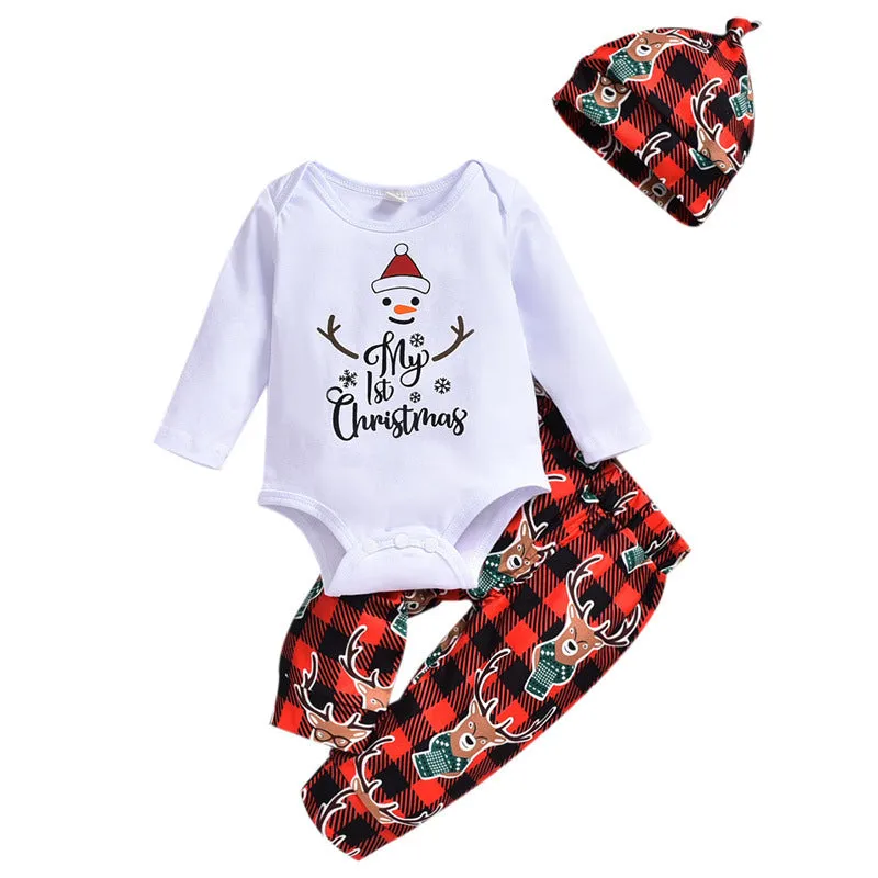 Baby Boys Solid Christmas Print Bodysuit Plaid Pants Hat Tie Set