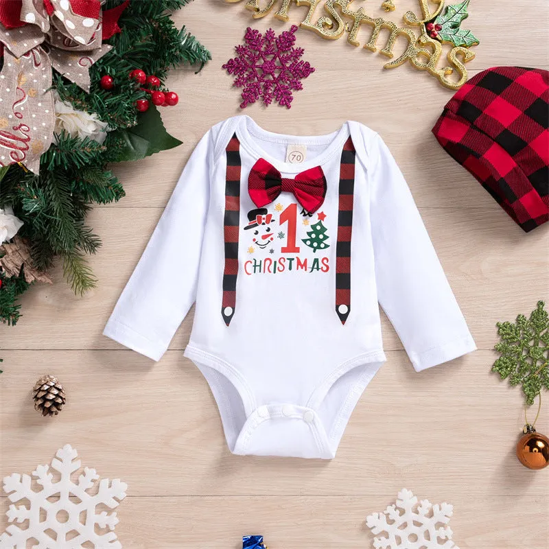 Baby Boys Solid Christmas Print Bodysuit Plaid Pants Hat Tie Set