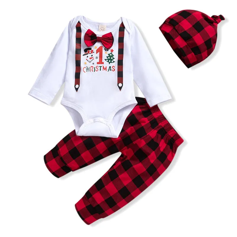 Baby Boys Solid Christmas Print Bodysuit Plaid Pants Hat Tie Set