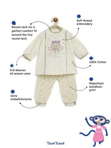 Baby Girl Lakshmi Embroidered  Premium Cotton Suit Set - Cream