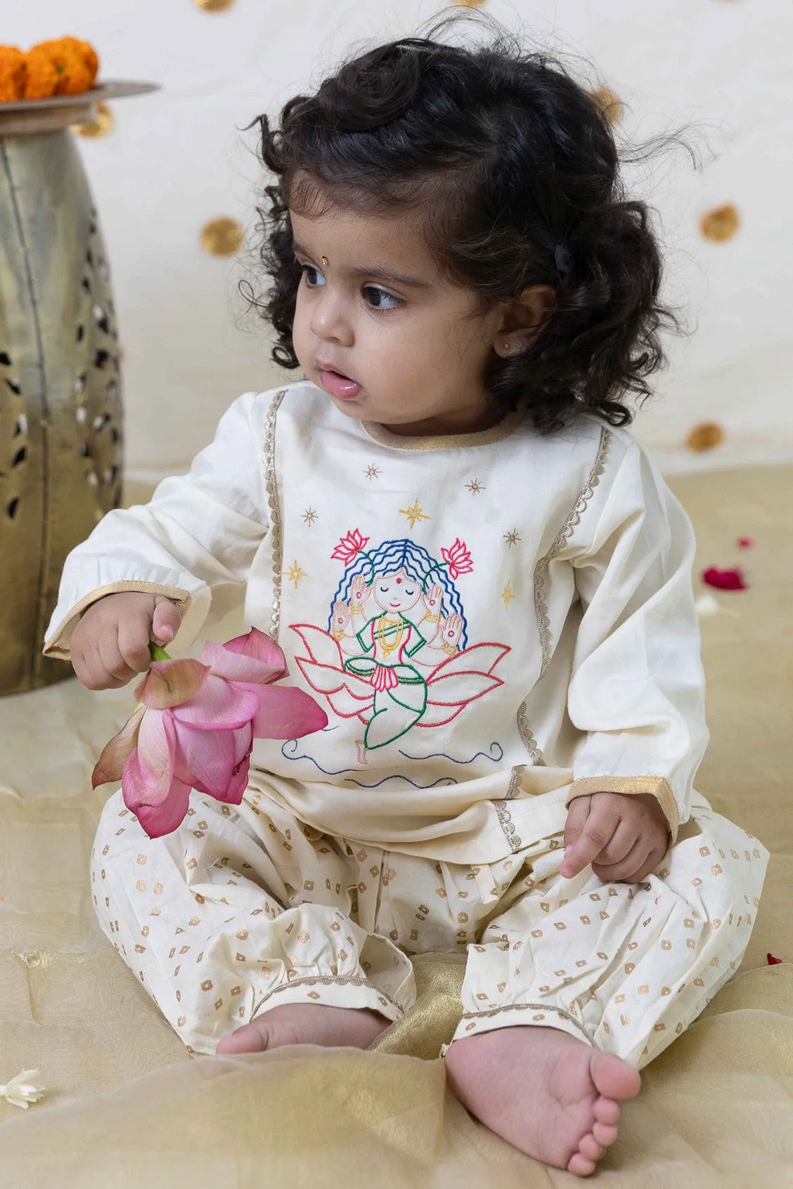 Baby Girl Lakshmi Embroidered  Premium Cotton Suit Set - Cream