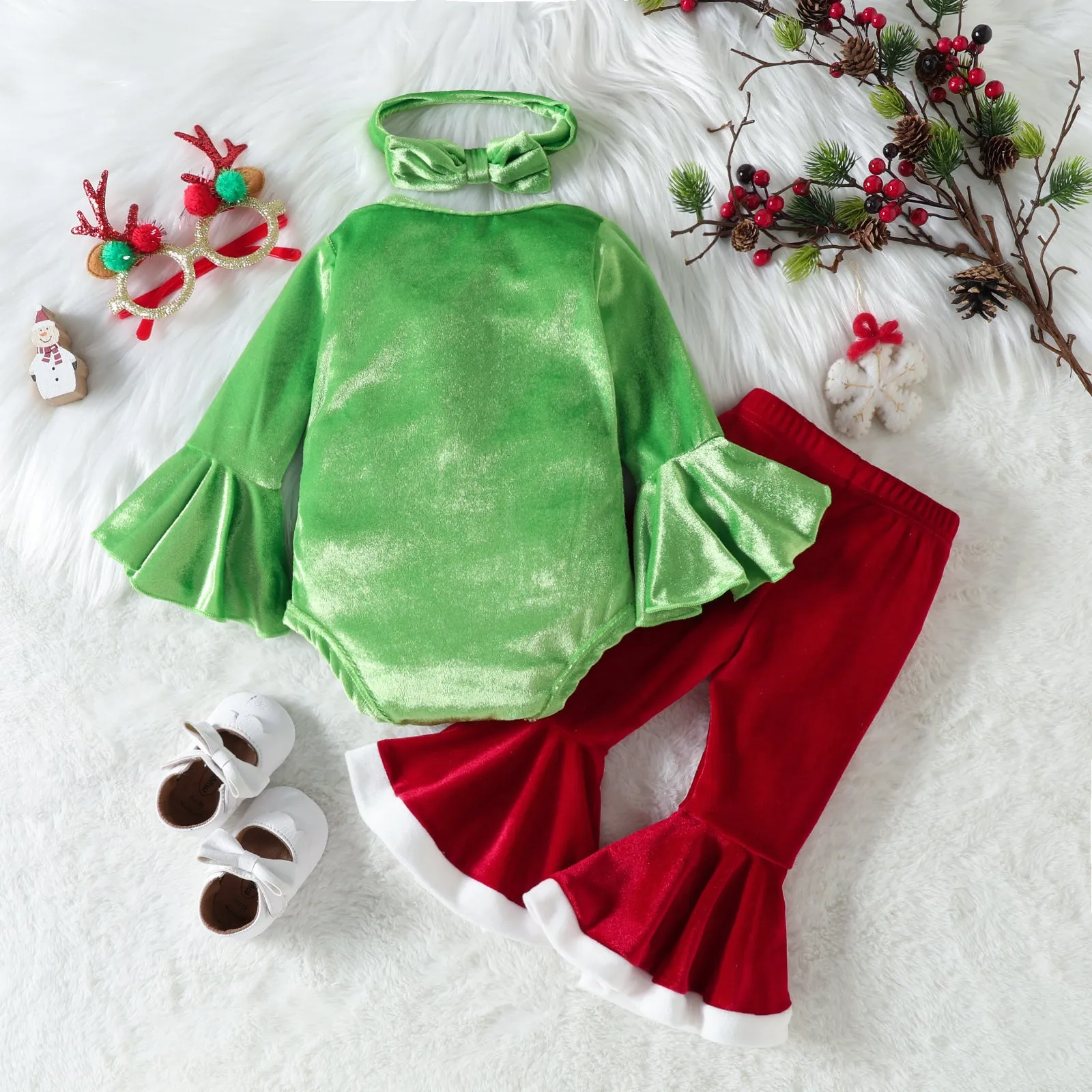 Baby Girls Solid Color Love Embroidery Jumpsuit Flared Pants Christmas Set