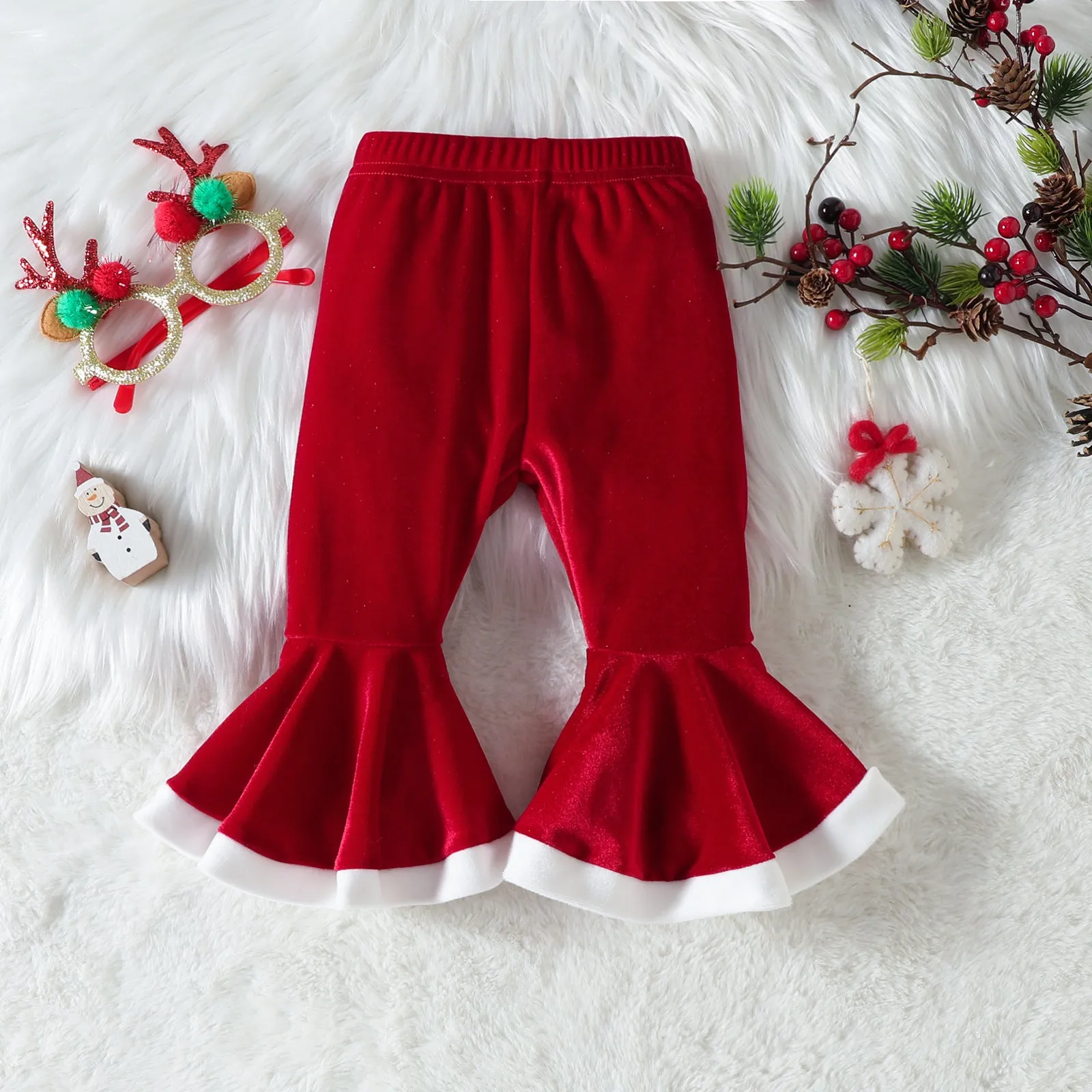 Baby Girls Solid Color Love Embroidery Jumpsuit Flared Pants Christmas Set