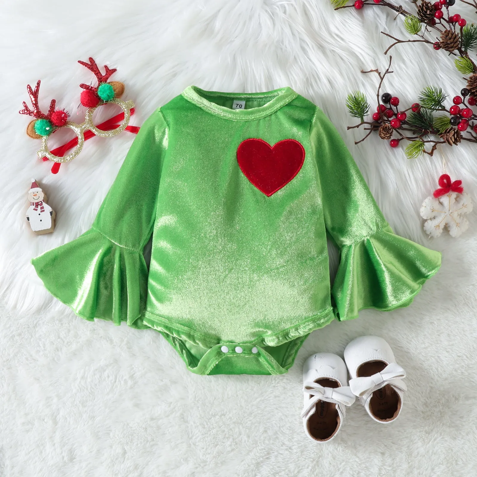 Baby Girls Solid Color Love Embroidery Jumpsuit Flared Pants Christmas Set