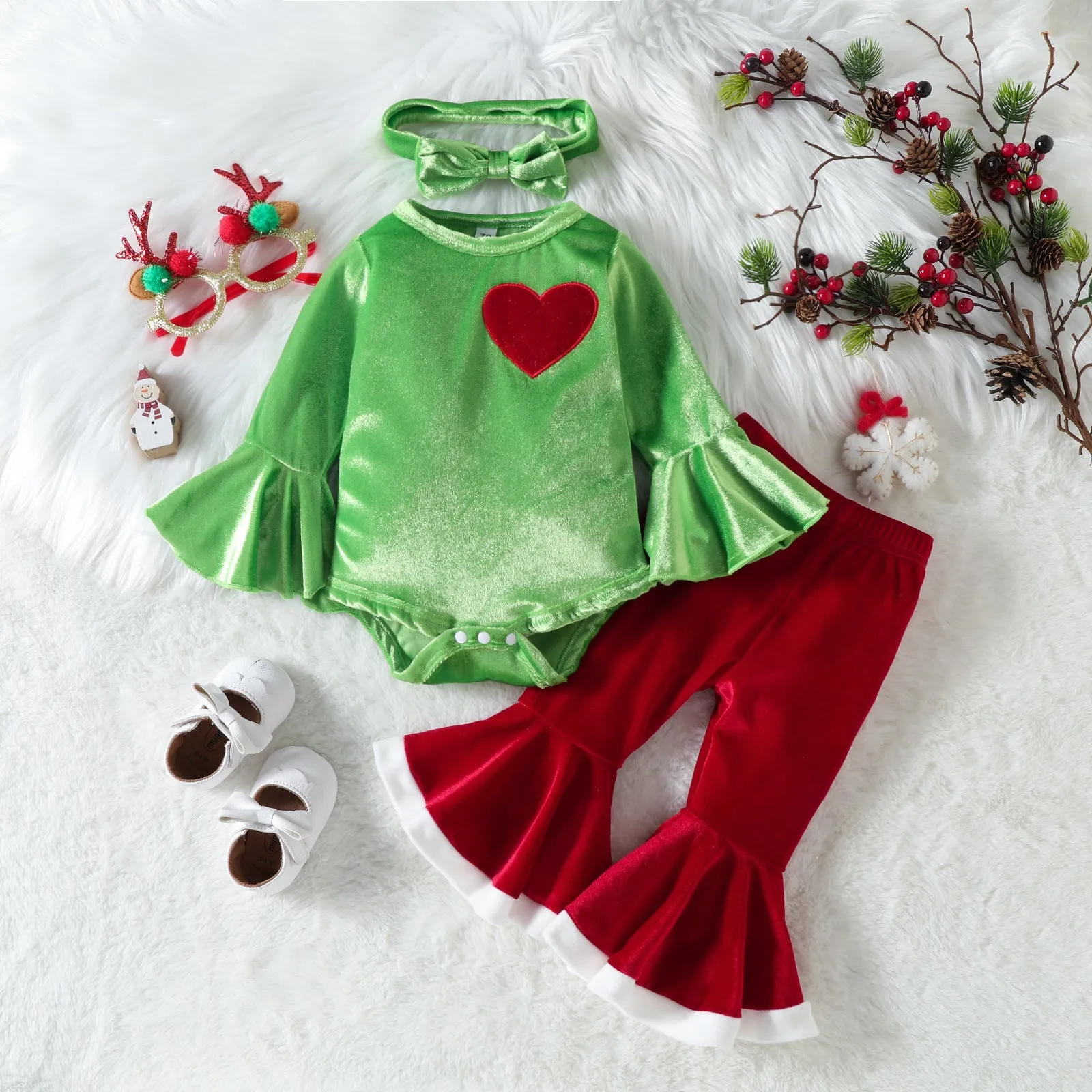 Baby Girls Solid Color Love Embroidery Jumpsuit Flared Pants Christmas Set