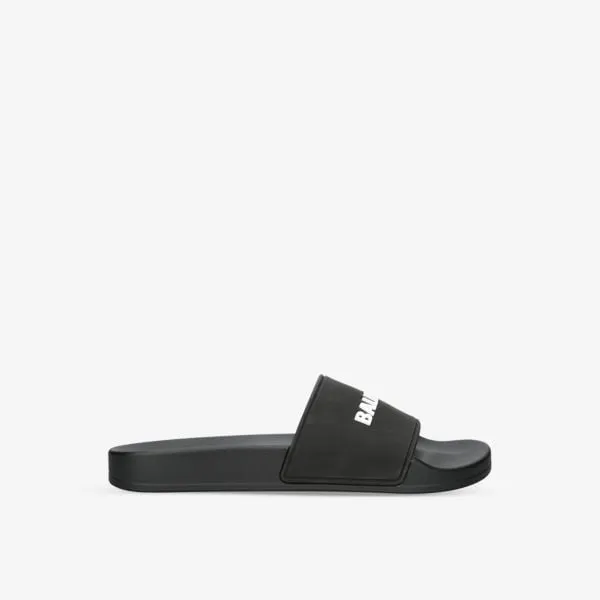 Balenciaga Logo Embossed Rubber Slippers, Black