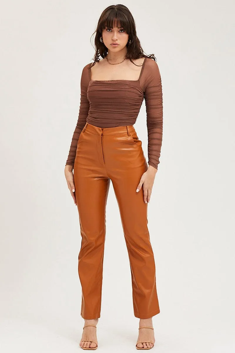 Beige Flare Pants High Rise Faux Leather