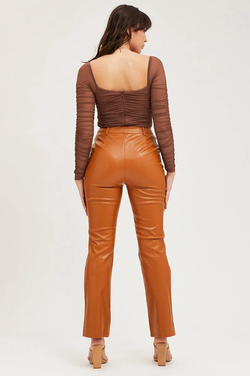 Beige Flare Pants High Rise Faux Leather