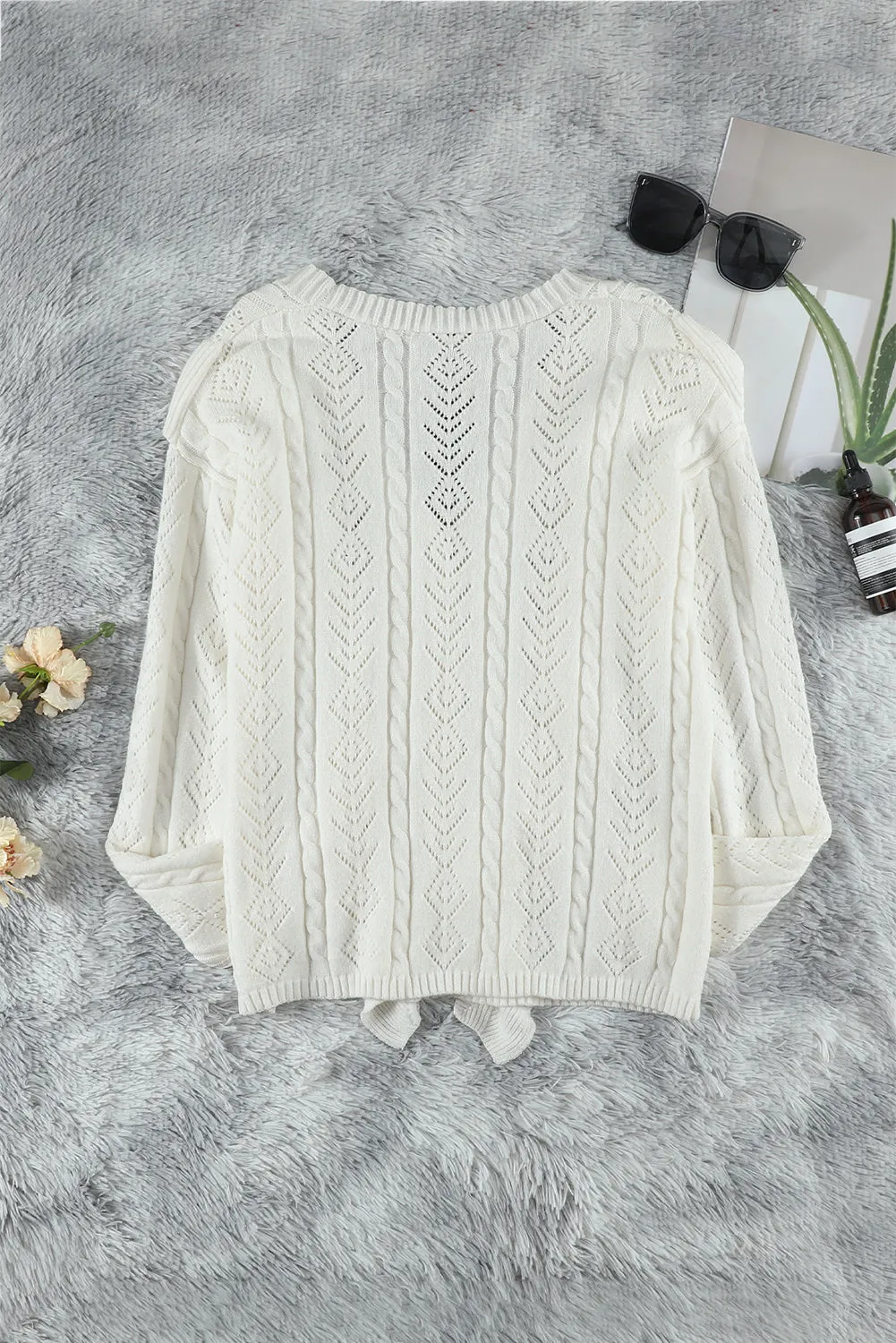 Beige Ruffled Buttoned Knitted Sweater