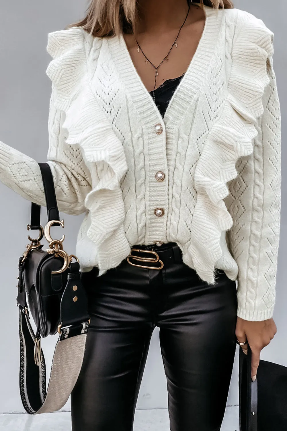 Beige Ruffled Buttoned Knitted Sweater