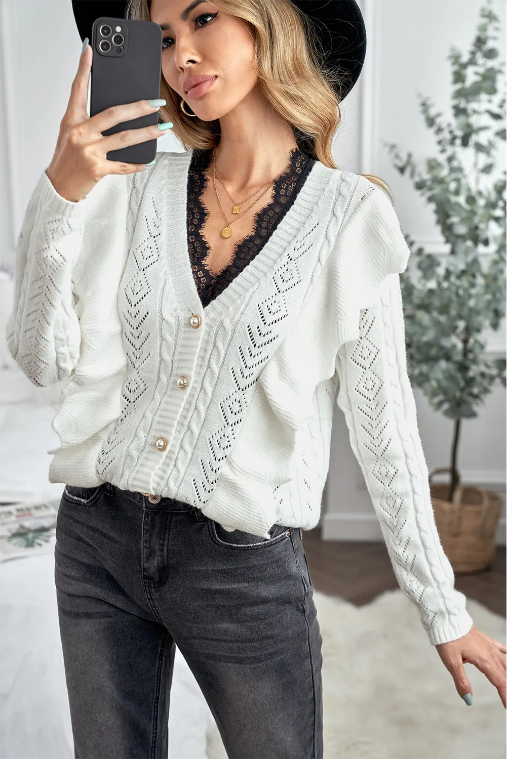 Beige Ruffled Buttoned Knitted Sweater