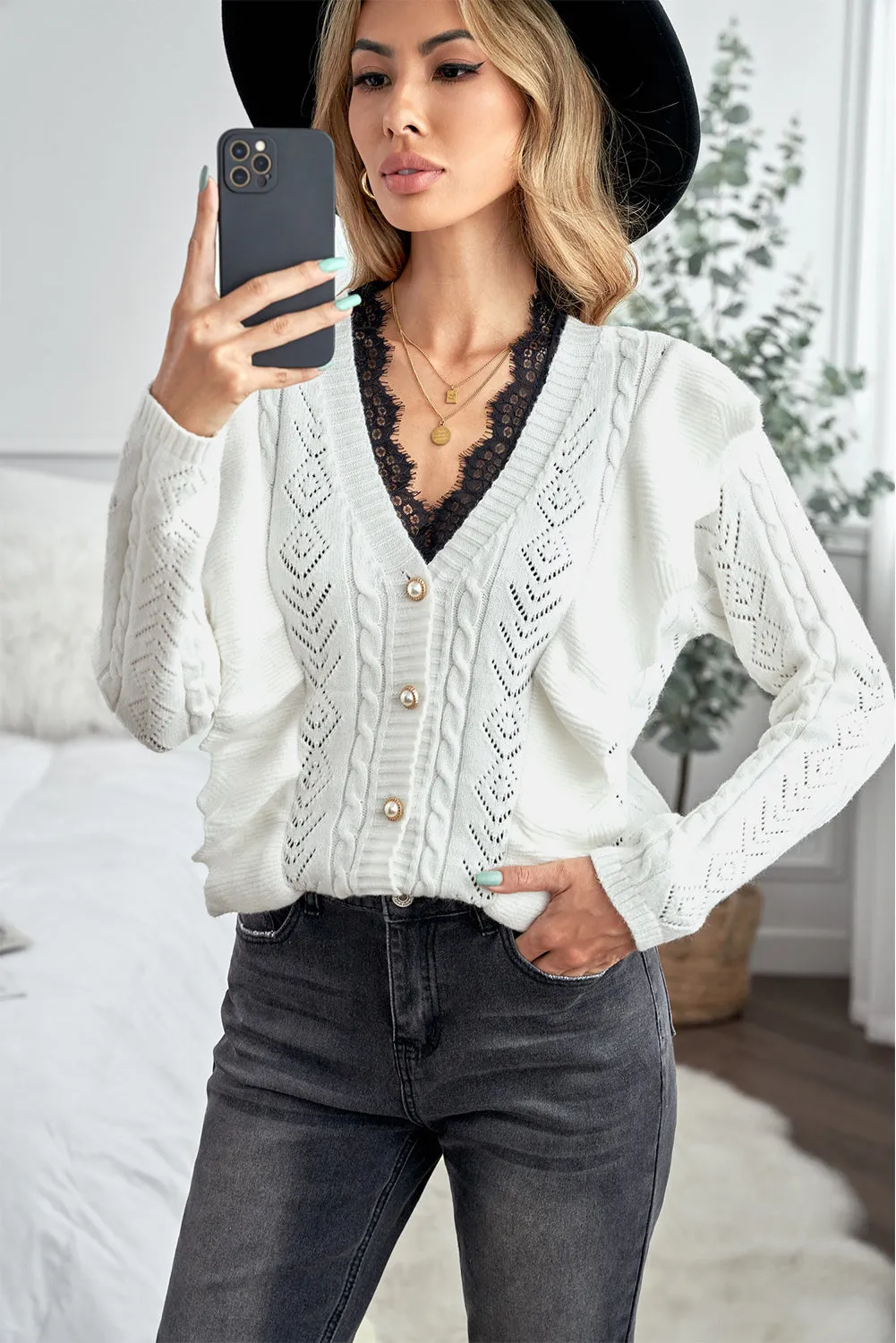 Beige Ruffled Buttoned Knitted Sweater