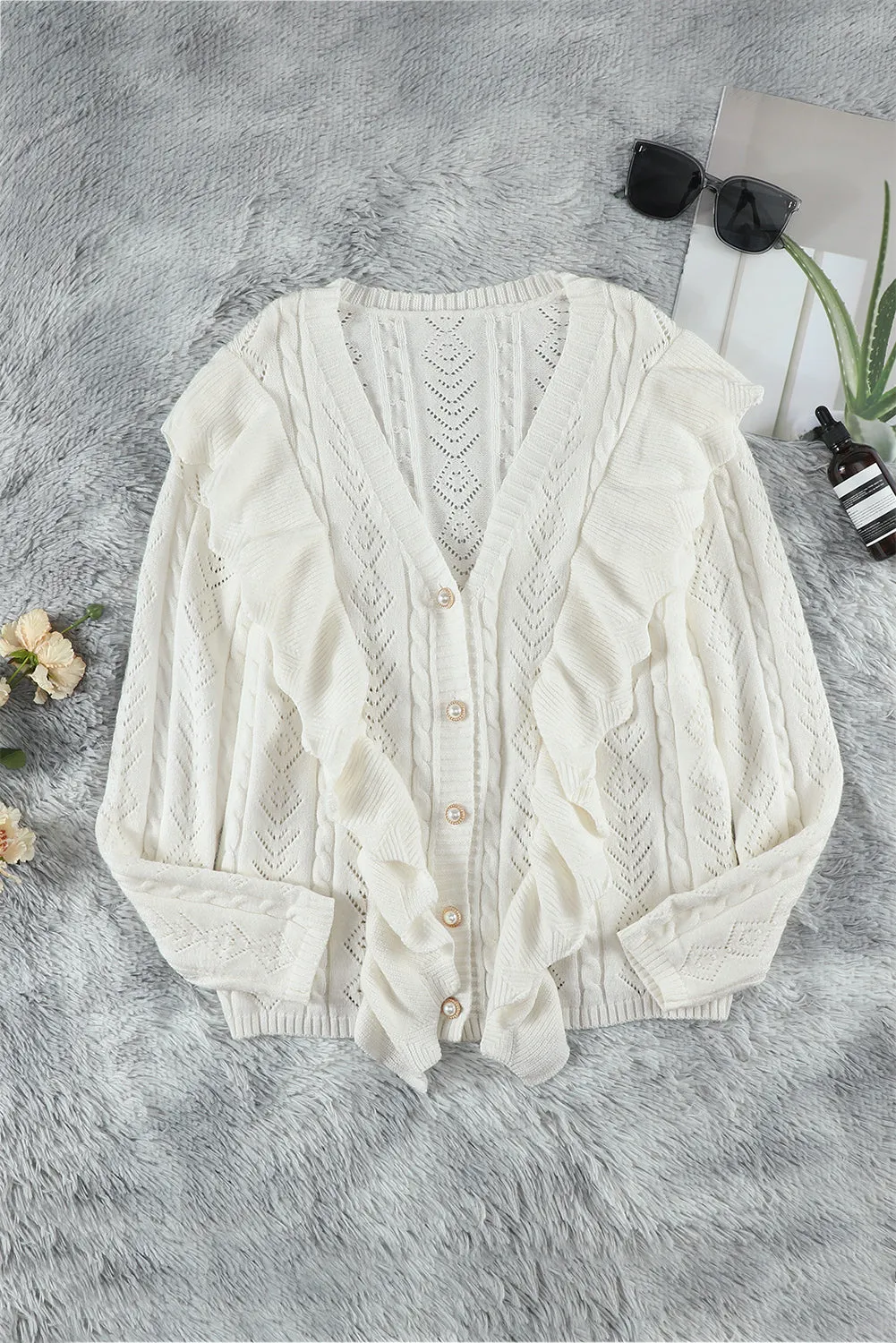 Beige Ruffled Buttoned Knitted Sweater