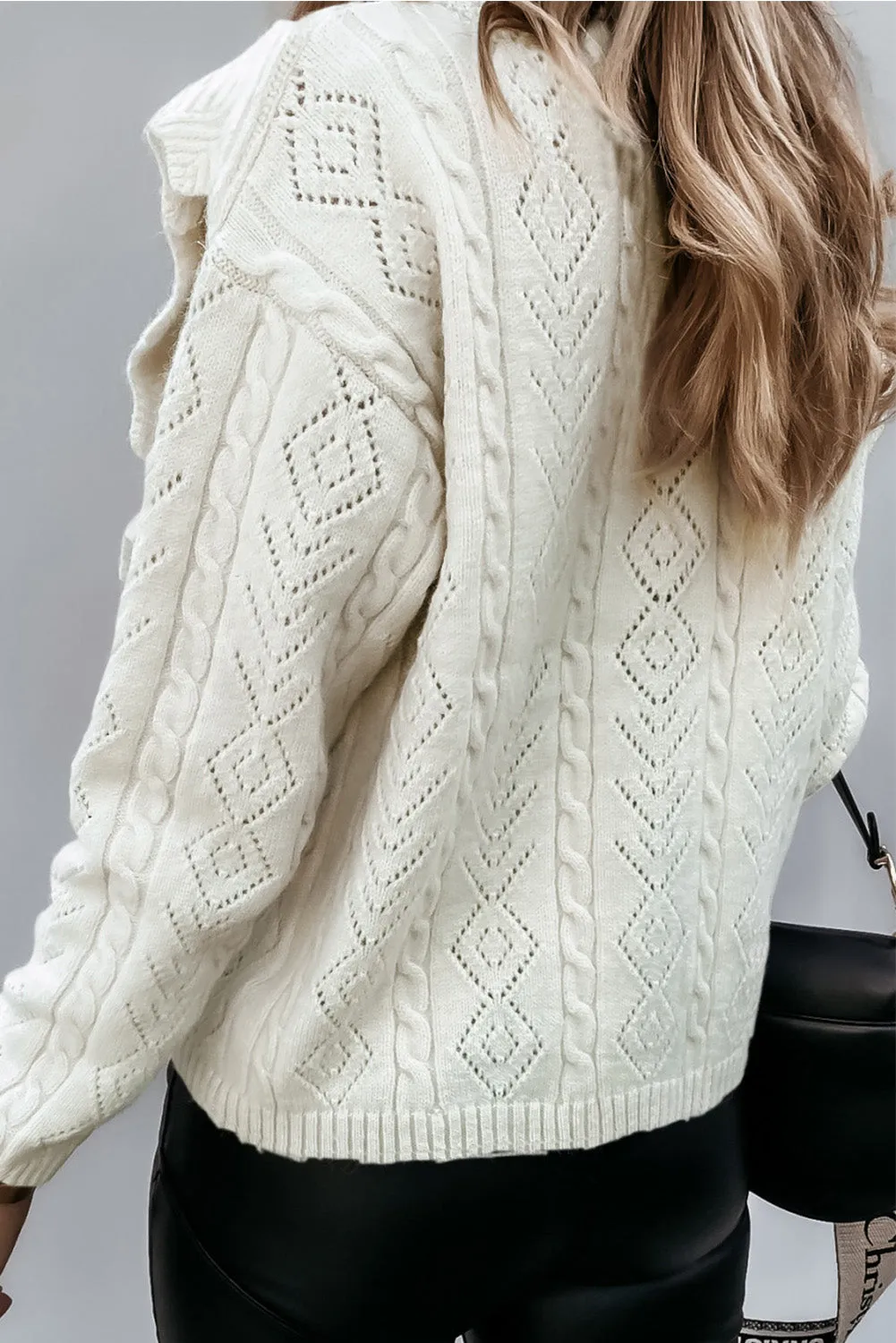 Beige Ruffled Buttoned Knitted Sweater