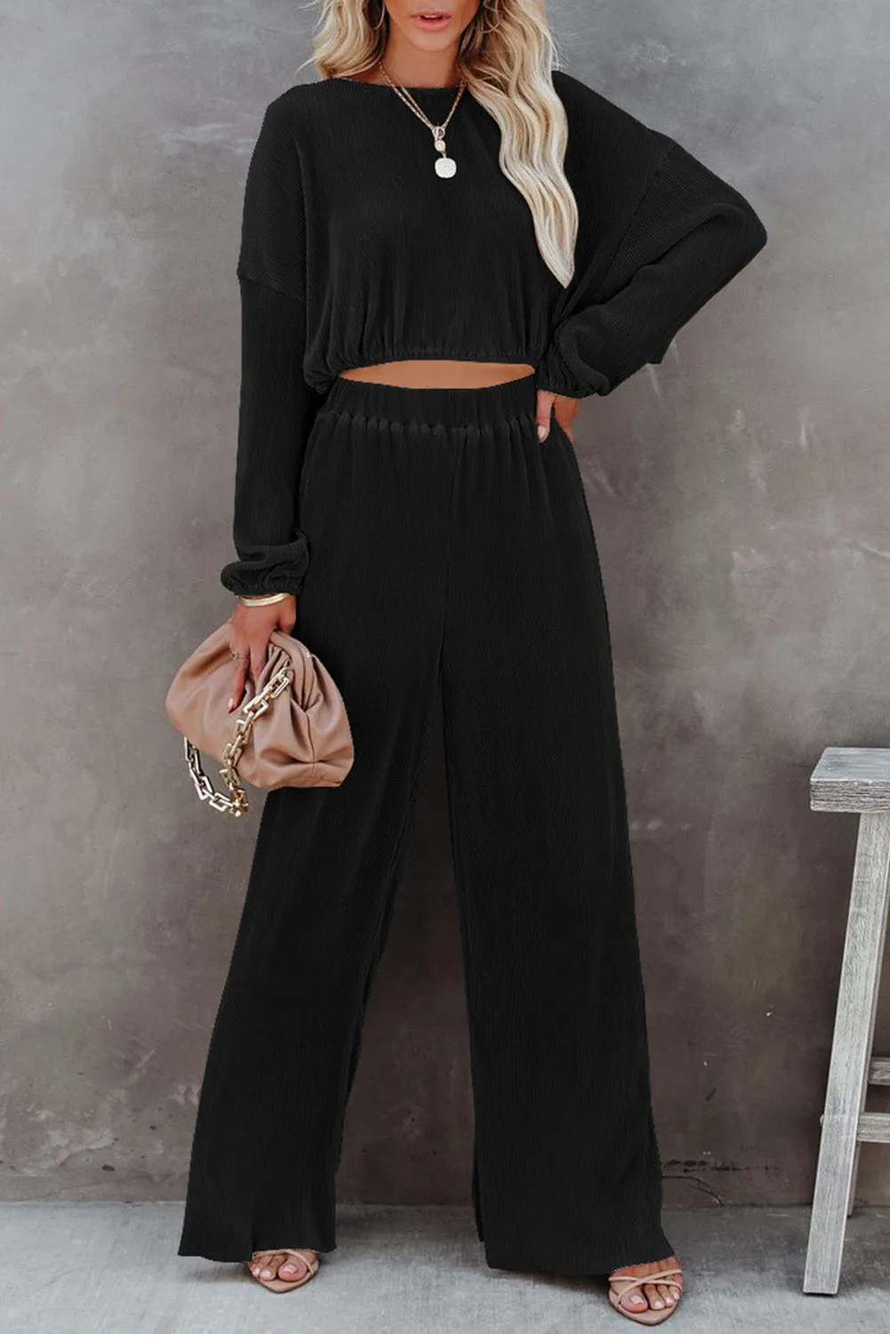 Black Corded Cropped Pullover and Wide Leg Pants Set