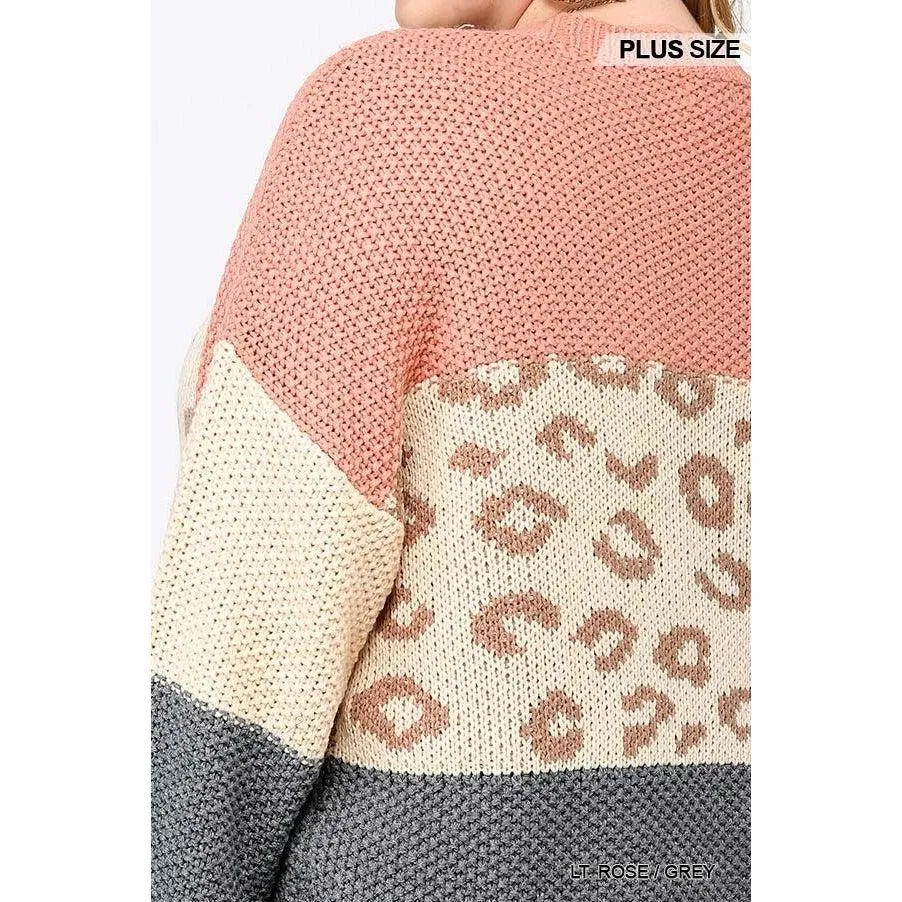 Color Block And Leopard Pattern Mixed Pullover Sweater