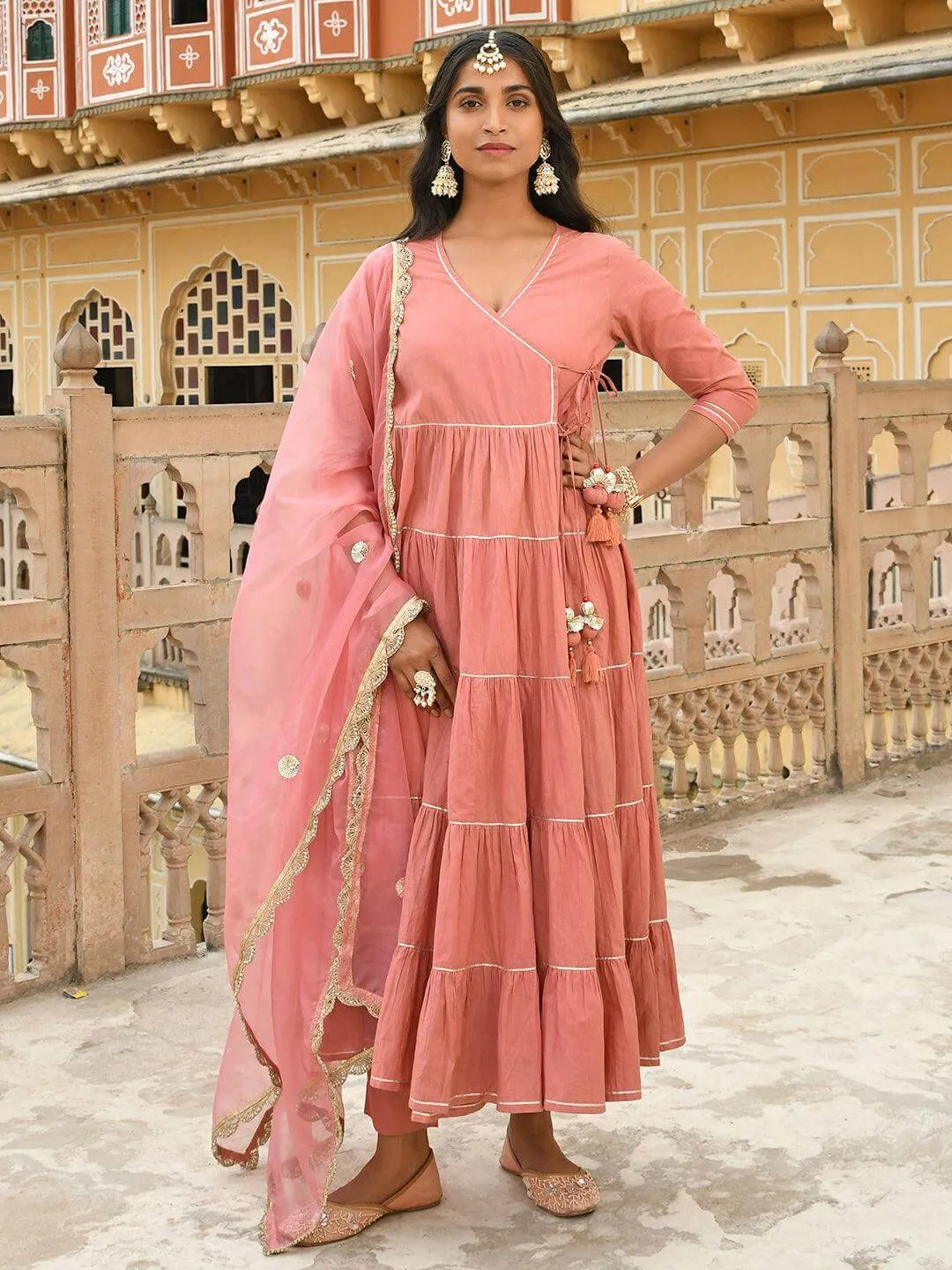 Coral Cotton Solid Kurta with Pant and Dupatta