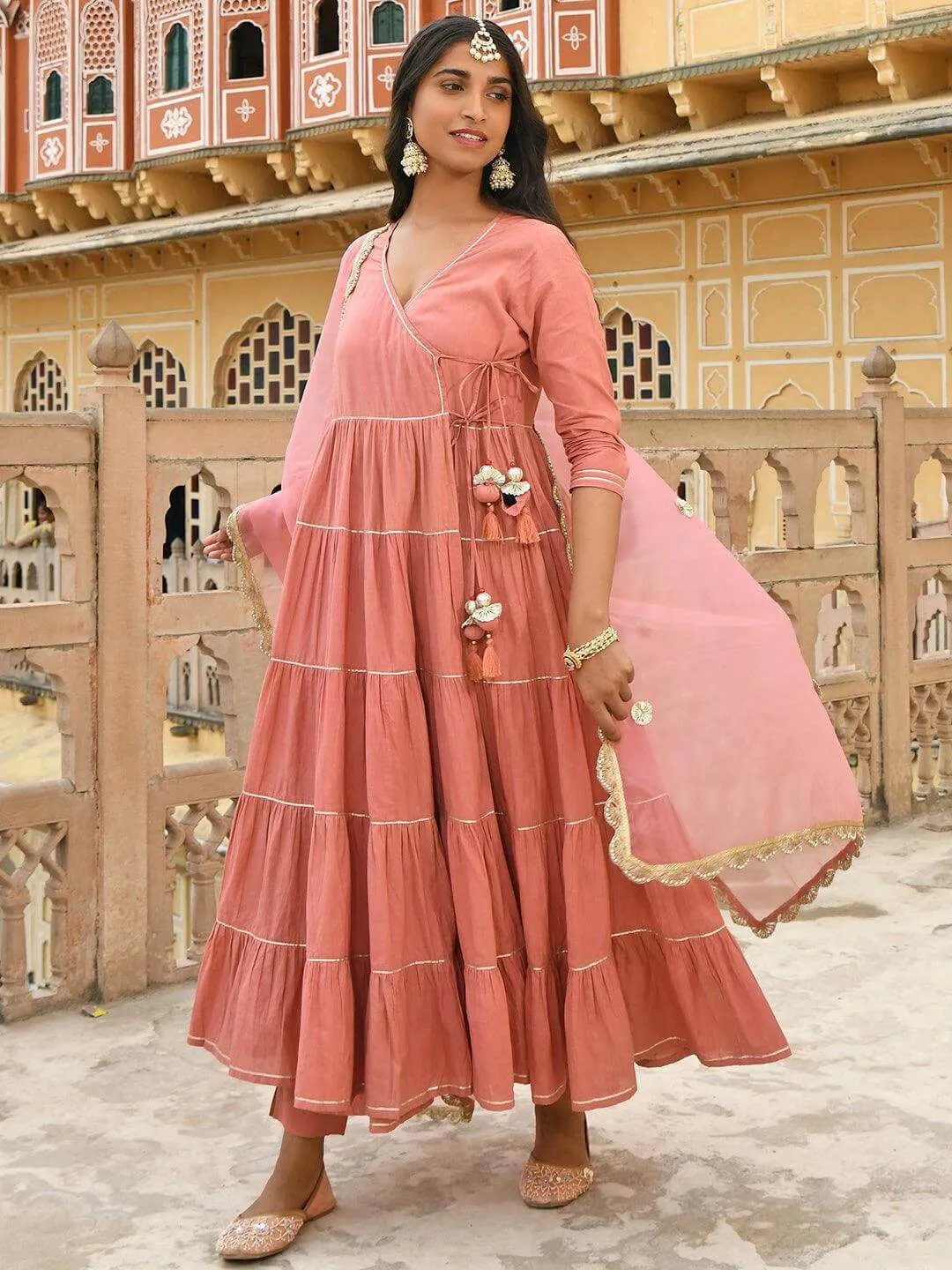 Coral Cotton Solid Kurta with Pant and Dupatta