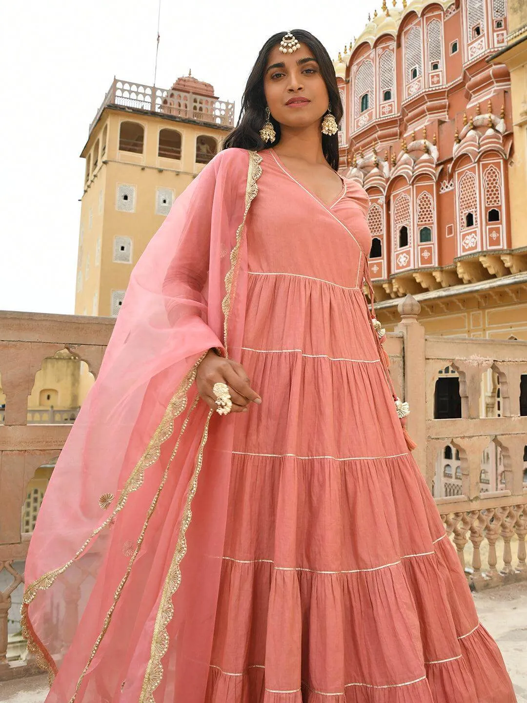 Coral Cotton Solid Kurta with Pant and Dupatta