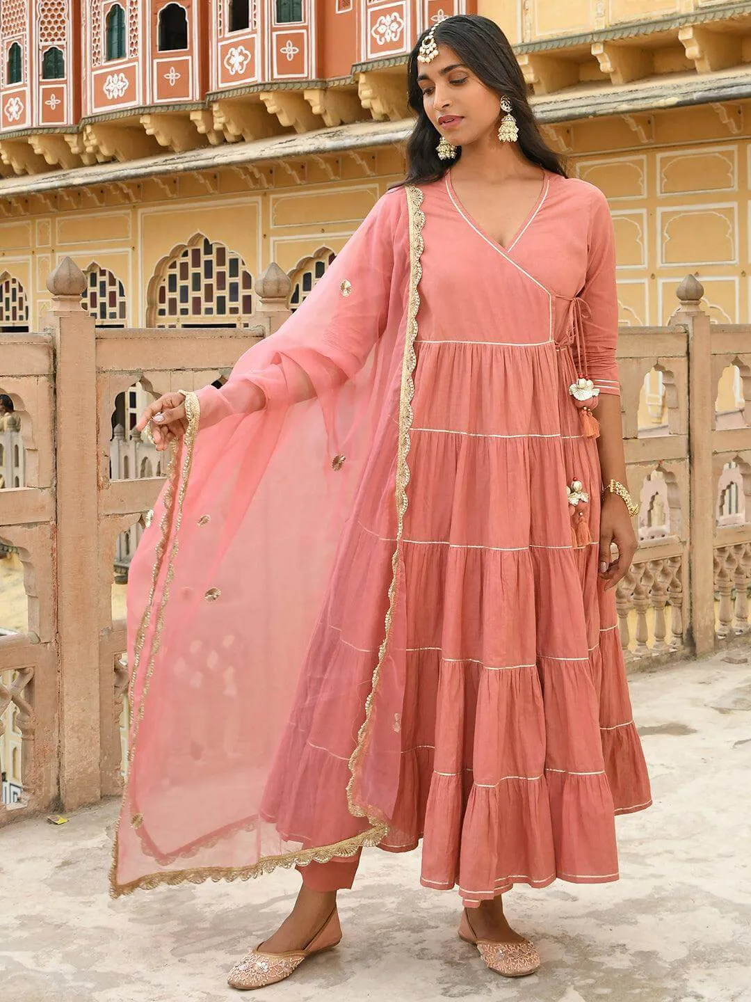 Coral Cotton Solid Kurta with Pant and Dupatta