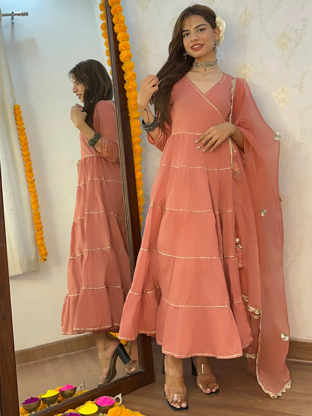 Coral Cotton Solid Kurta with Pant and Dupatta