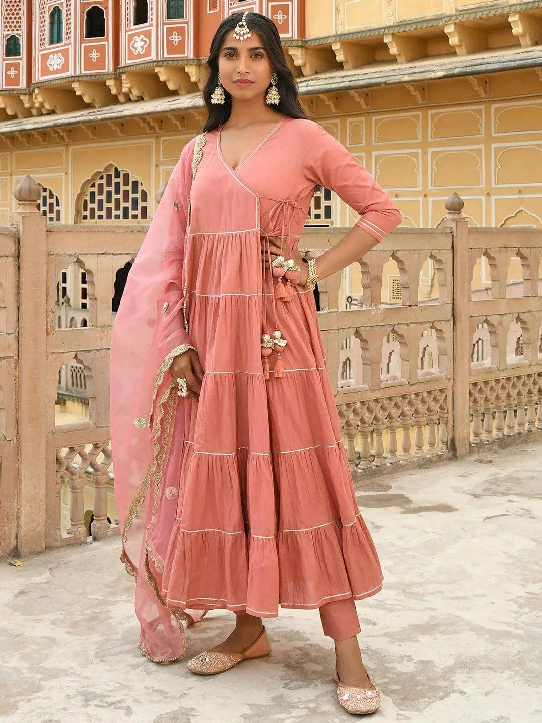 Coral Cotton Solid Kurta with Pant and Dupatta