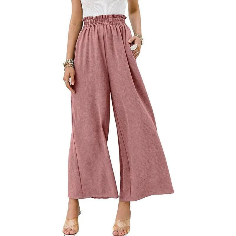 Cotton & Linen Solid High Waist Wide-leg Pants