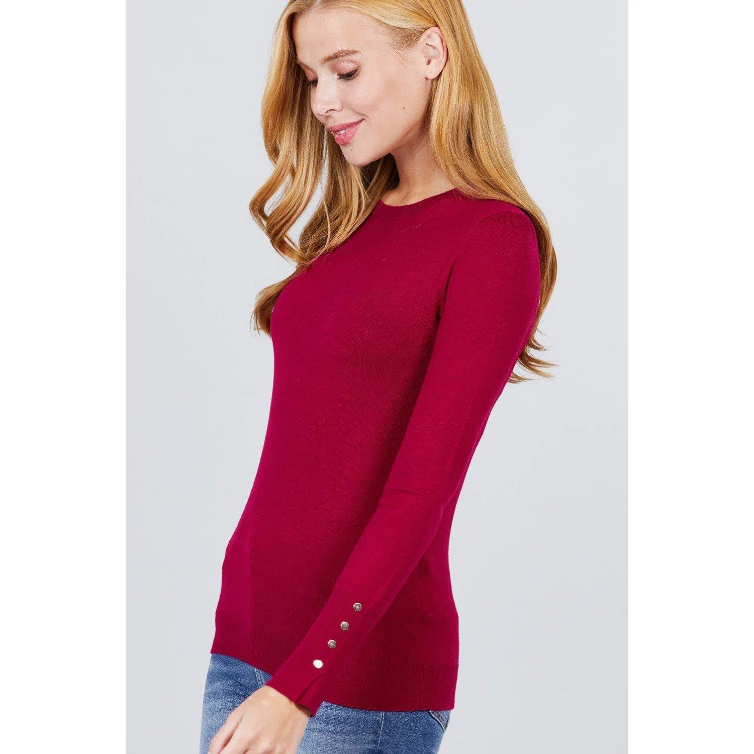 Crew Neck Sweater W/rivet Button