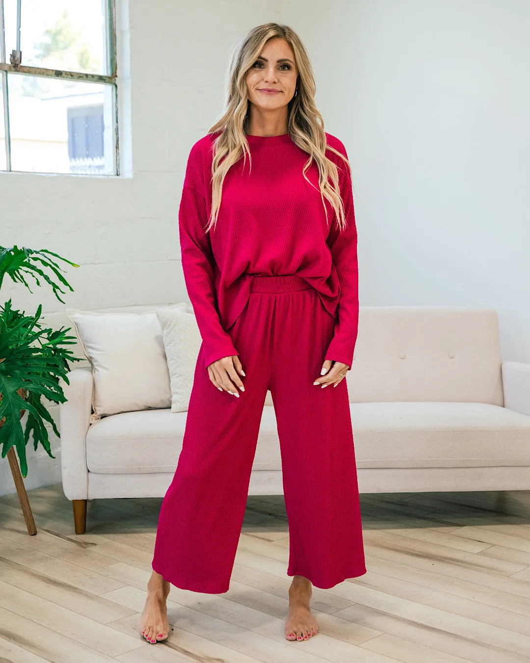 Darci Textured Ribbed Flowy Pants - Magenta FINAL SALE