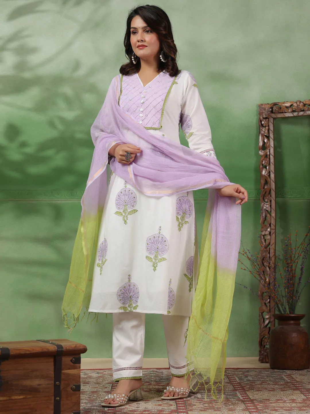 Digital Floral Printed Cotton Kurta With Pants & Dupatta