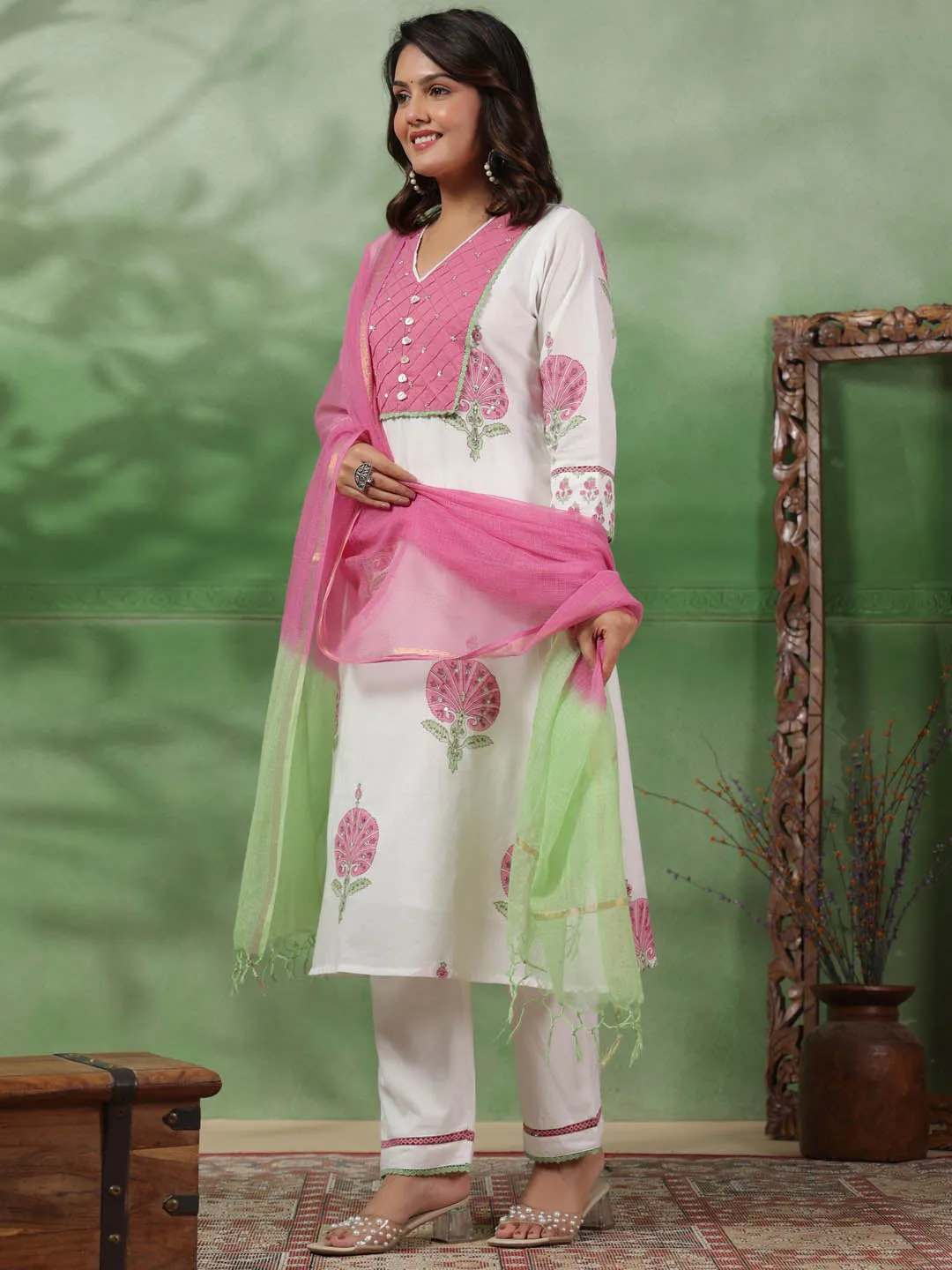 Digital Floral Printed Cotton Kurta With Pants & Dupatta