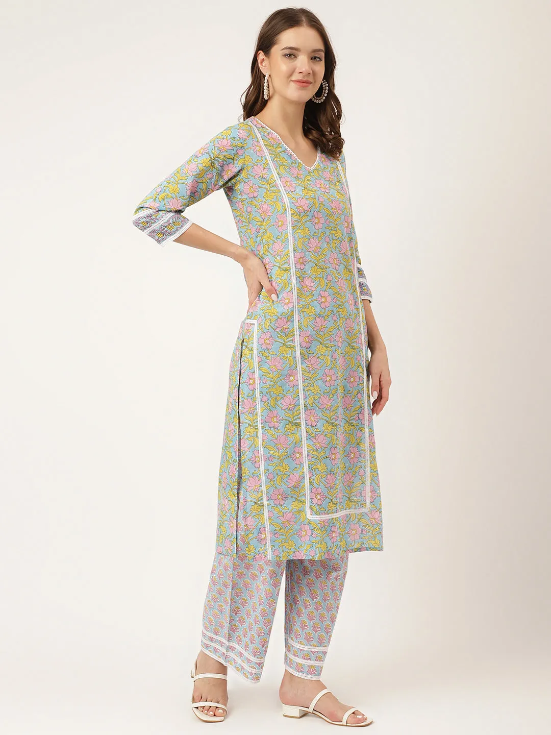 Divena Blue Hand-Block Floral Print Cotton  Kurta, Trouser & Dupatta