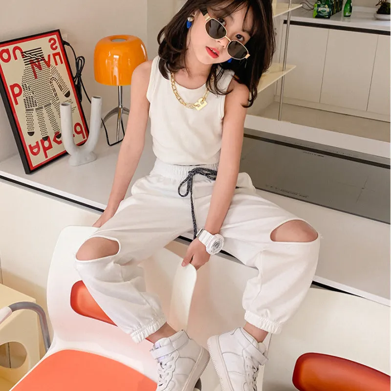 Girls Cropped Sleeveless Letter Print Tank Tops Ripped Pants Summer Suit